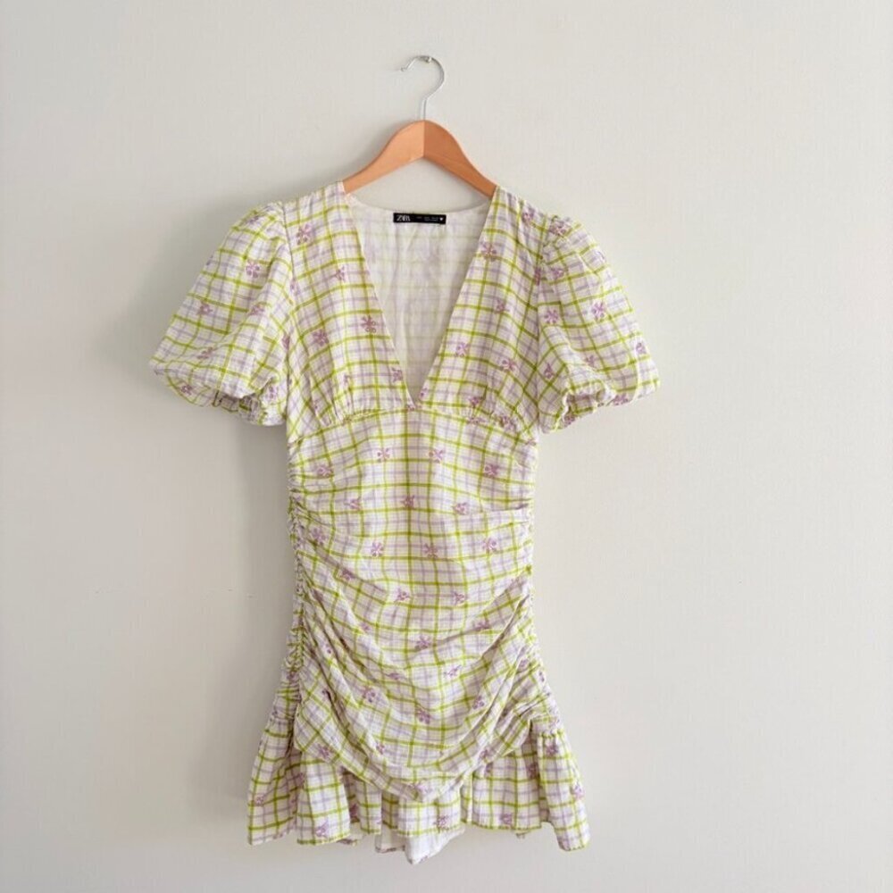 Zara Draped Checkered Mini Dress White Green Purple Size Small - Picture 3 of 7